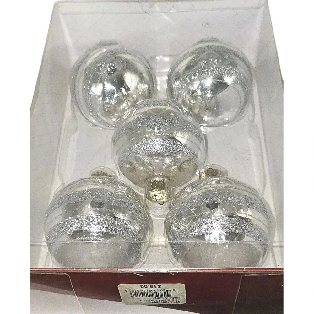 Macy's Holiday Lane Christmas Ornaments 5 Clear Balls With Silver Glitter Stripe